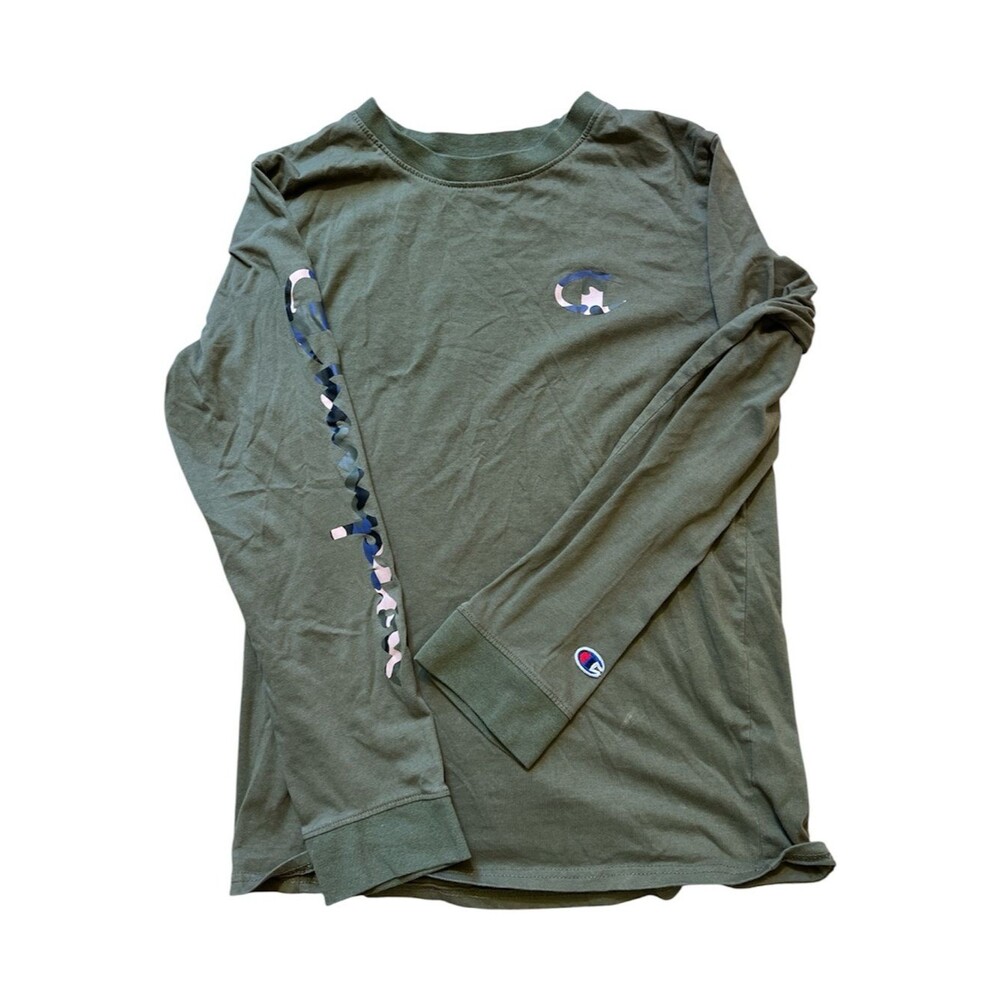 Champion Youth XL Olive Green Long Sleeve Camo Script Logo‎ Graphic Tee Boys